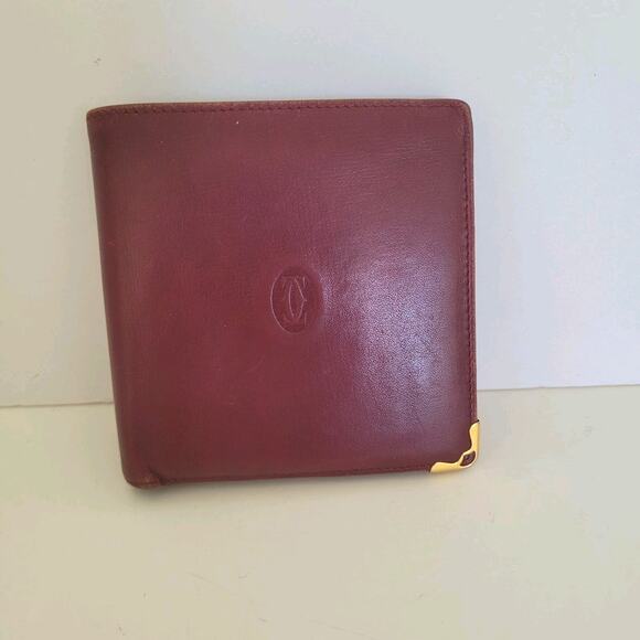 Must De Cartier Men's Bifold Leather Bordeaux Red Wallet Medium Retro Card Bill - Picture 1 of 14